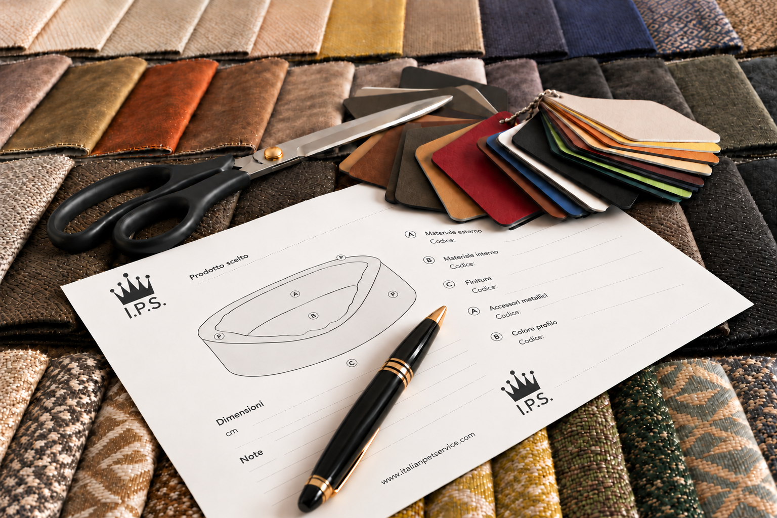 Fabric and material swatches with an I.P.S. design sheet for a custom pet bed