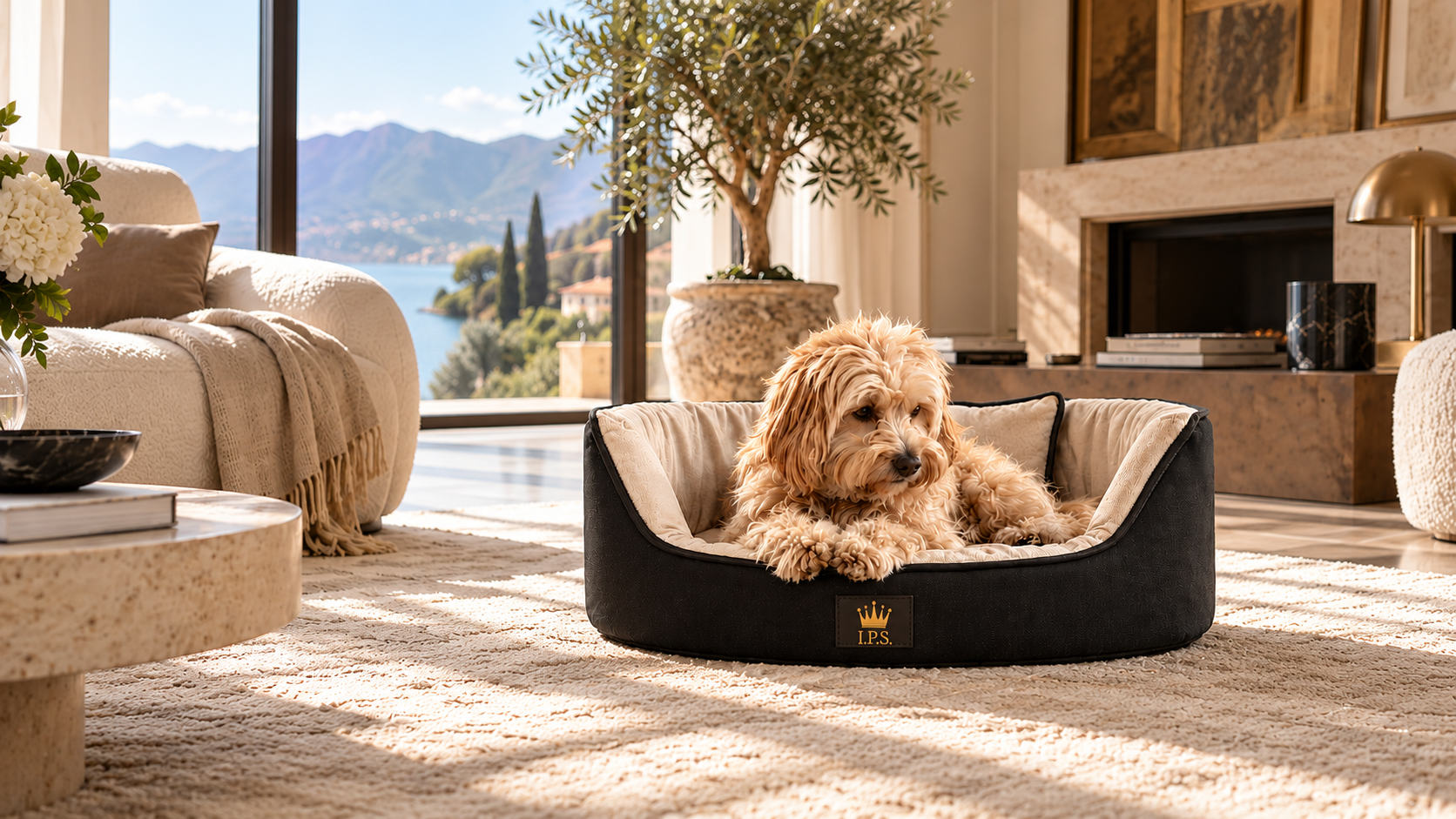 Franca in a black and ivory dog bed with a gold I.P.S. logo, in a living room overlooking the lake