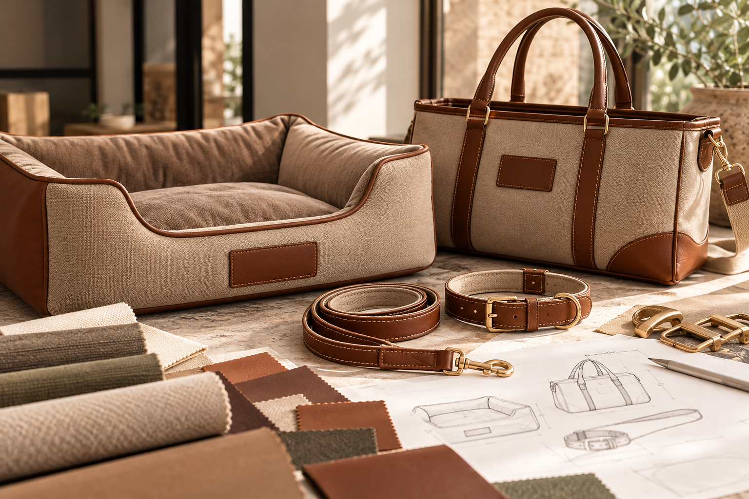 Coordinated Private Label collection with a pet bed, bag, collar and lead in beige fabric and cognac leather