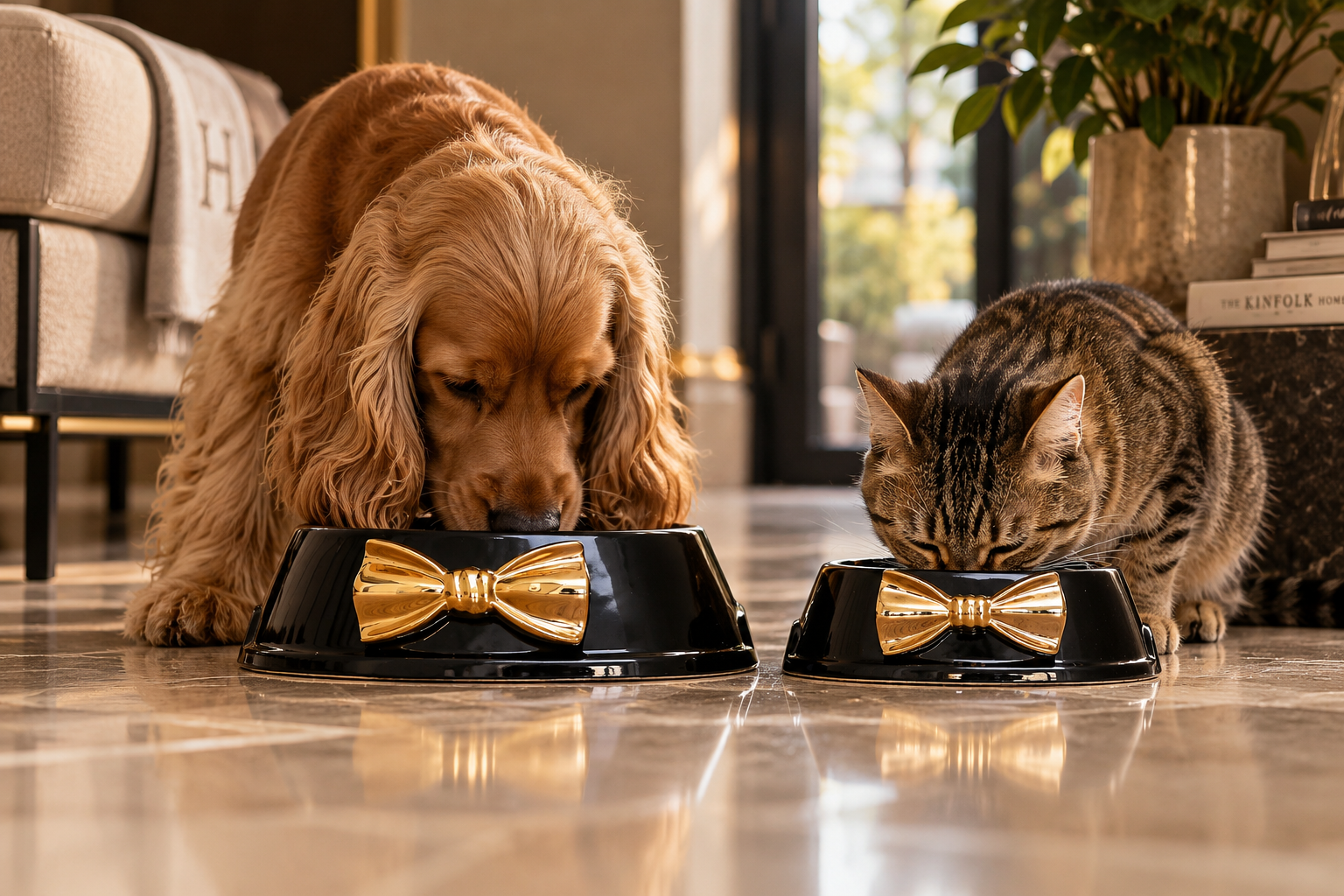 Dog and cat at black ceramic bowls with gold bows