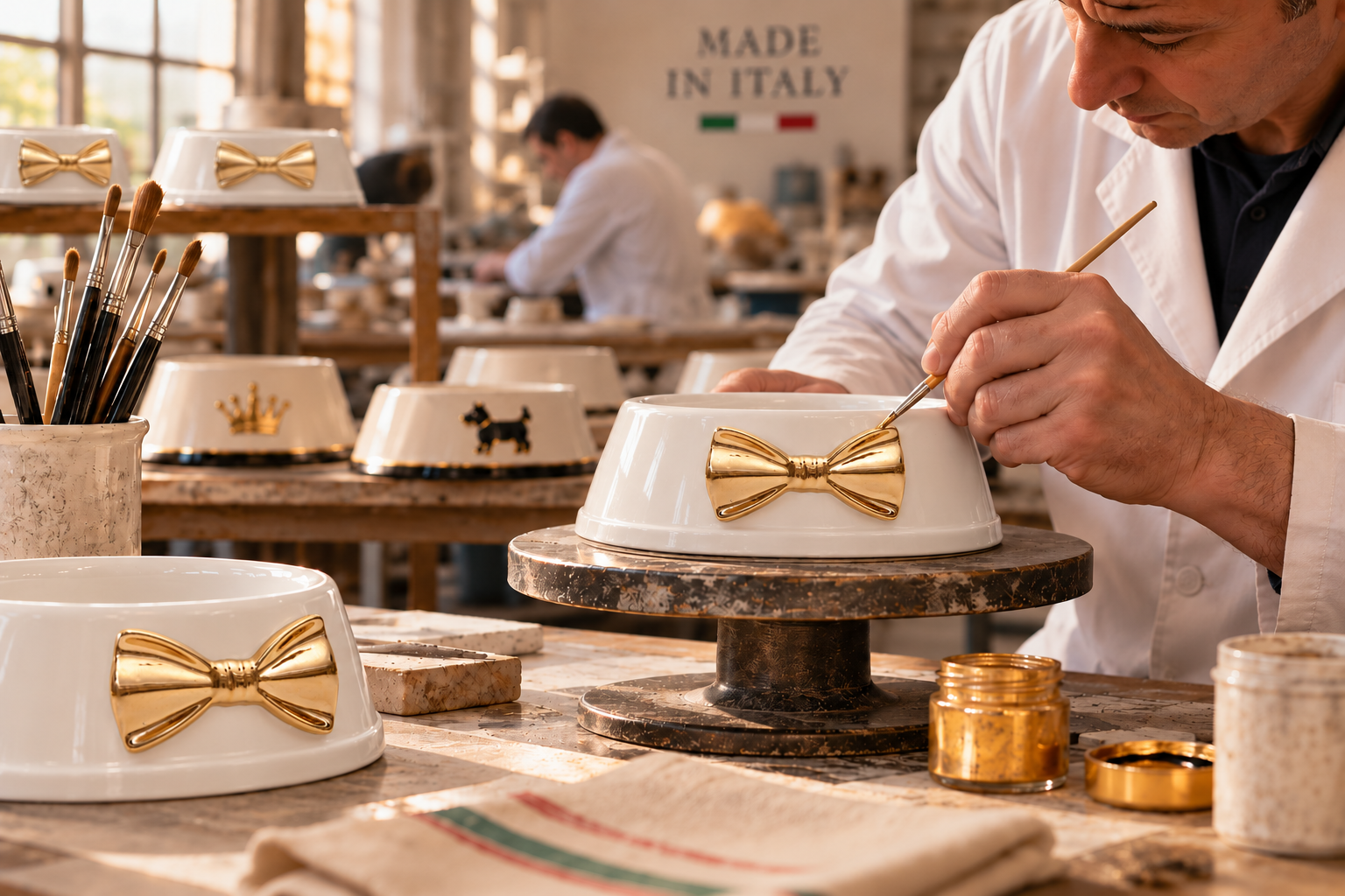 Artisan in a white coat finishing a white Papillon Lux bowl with a gold bow, in an illustrative workshop scene