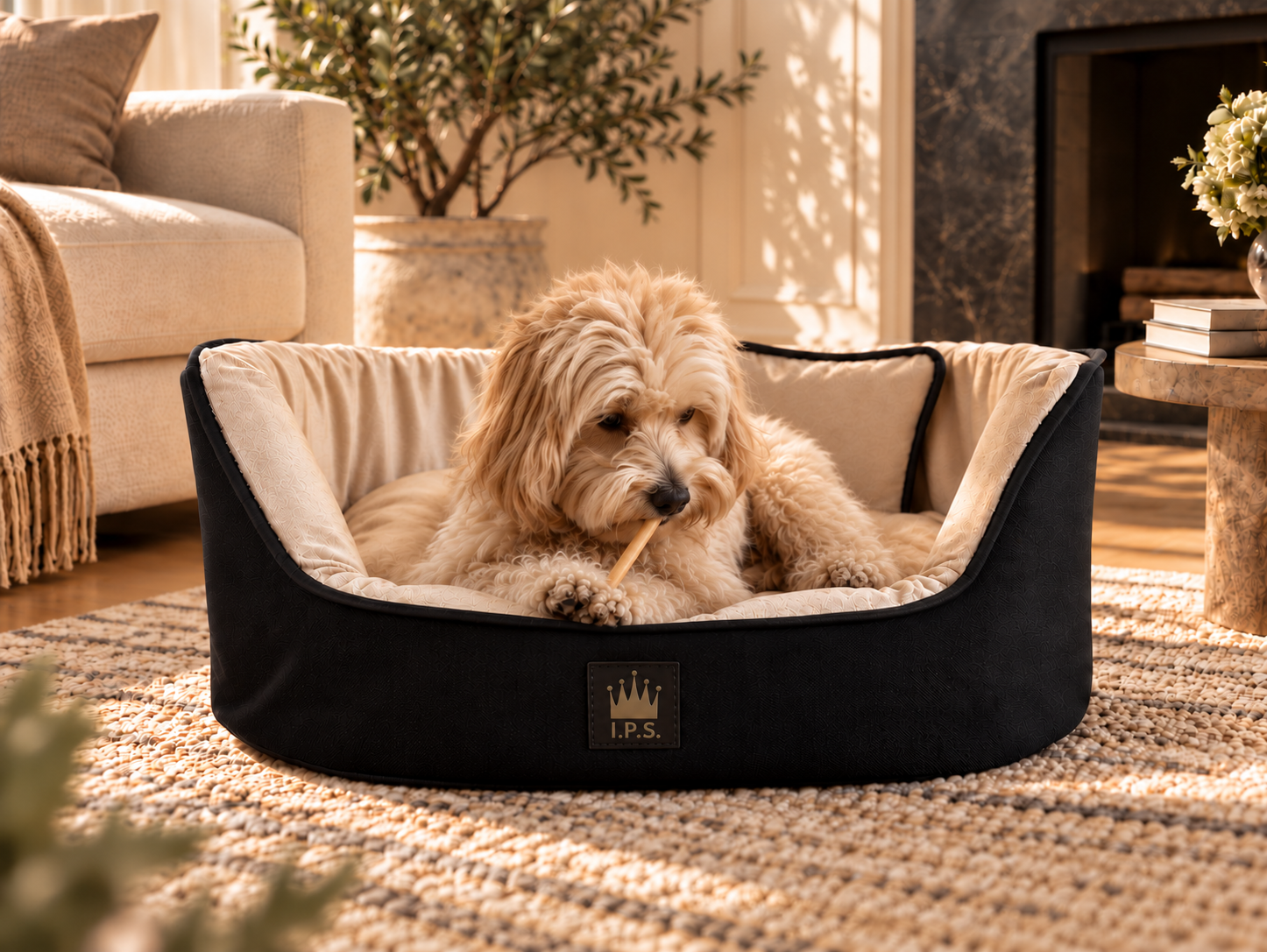 Franca holding a chew stick in a black and cream pet bed with an I.P.S. logo