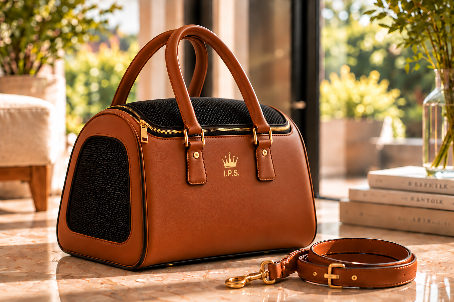 Borsa trasportino in pelle cognac e rete nera con logo I.P.S. dorato